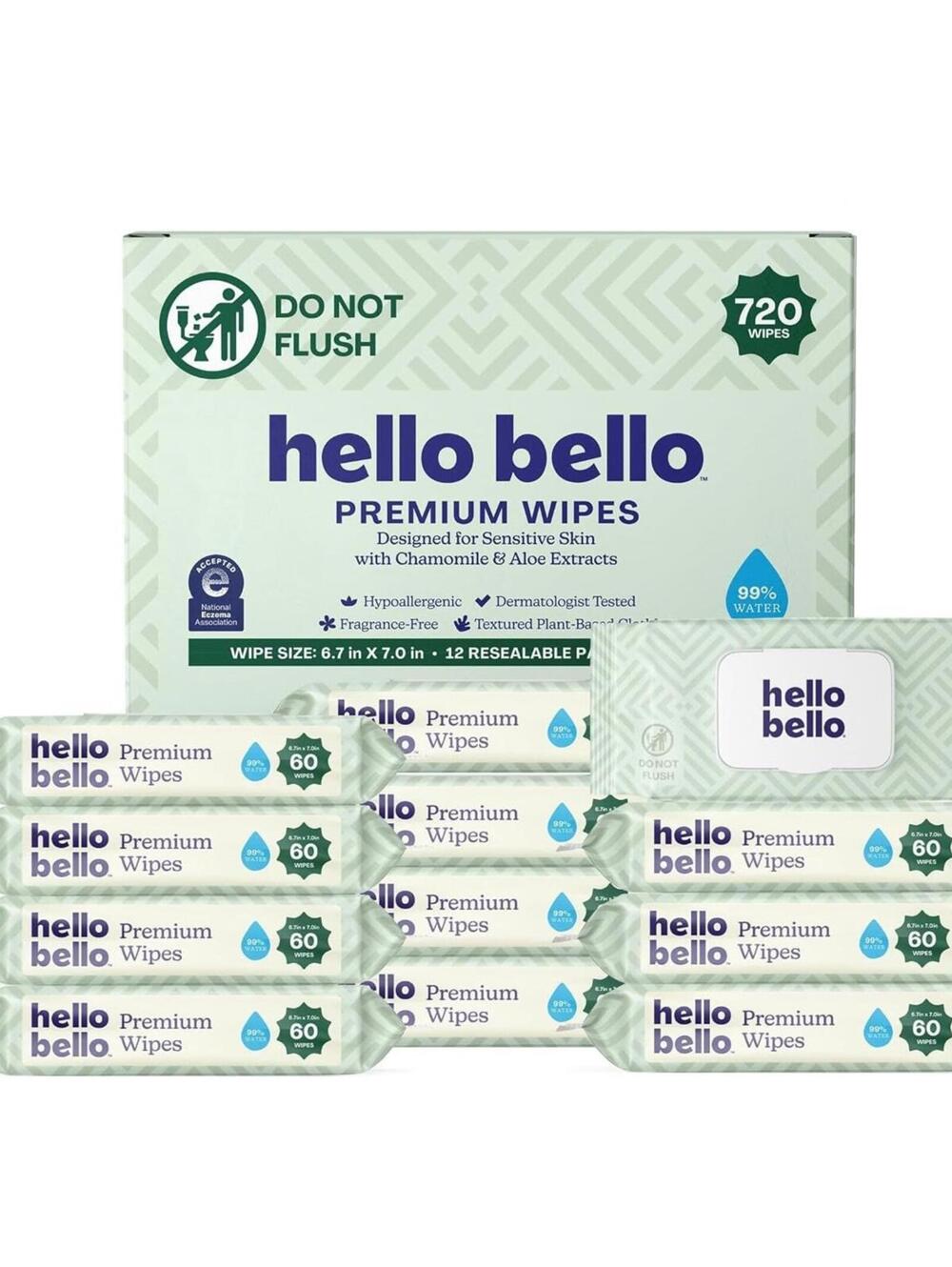 Hello Bello Premium Wipes, Designed for Sensitive Skin (12 pack, 60 wipes each)